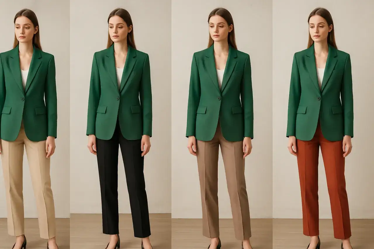 Cztery stylizacje z zieloną marynarką: z beżowymi, czarnymi, brązowymi i rudymi spodniami. Elegancko i modnie.