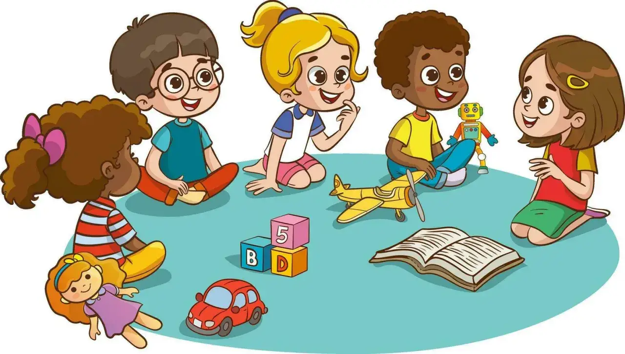 Ni&ntilde;os que excluyen a otros juegan con juguetes. Un grupo de ni&ntilde;os se divierte, pero una ni&ntilde;a con un vestido morado parece sola.