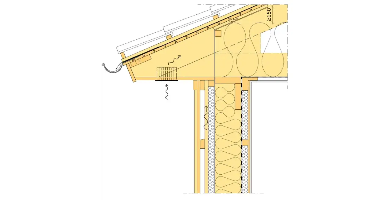 Detaljerad vy av en takkonstruktion med hammarband och takstol. Isolering och ventilation syns tydligt.