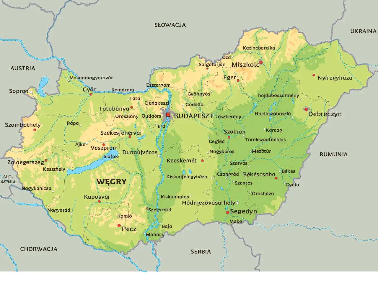 Mapa polityczna Węgier z zaznaczonymi miastami i granicami. Gdzie są Węgry? Na wschód od Austrii, między Słowacją a Rumunią.