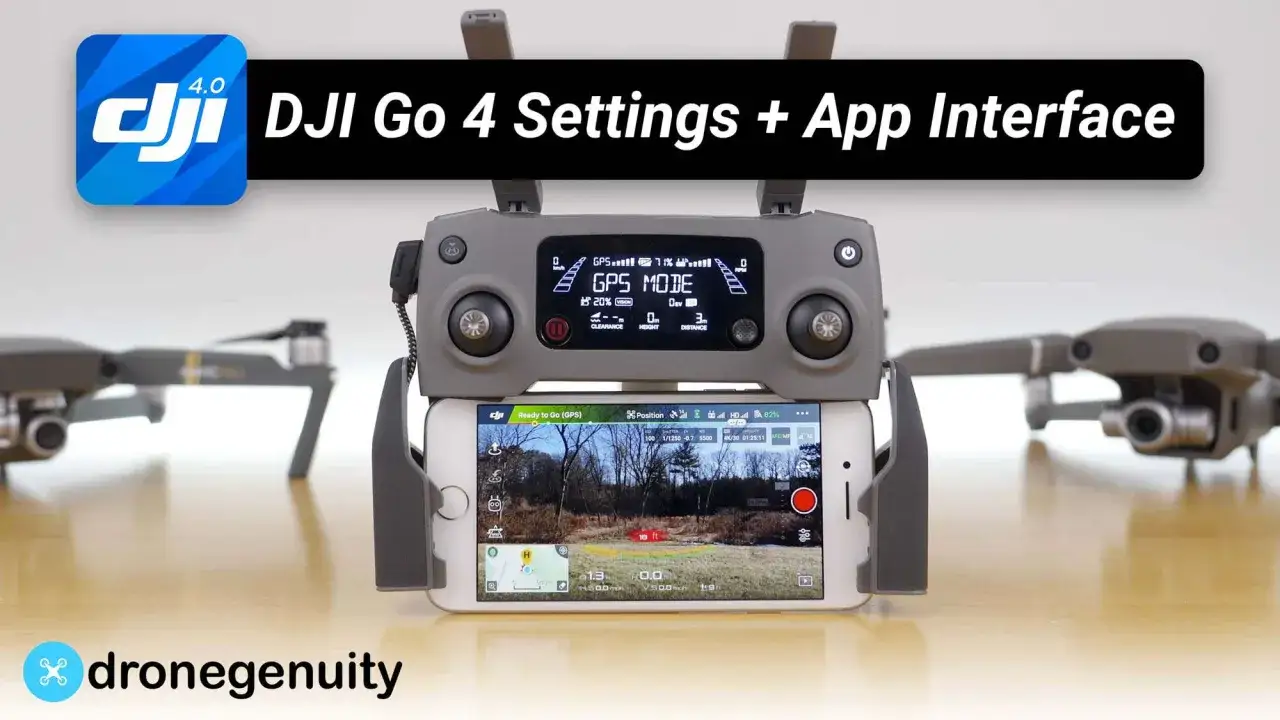 DJI Go 4 App-Interface auf einem Smartphone, verbunden mit einer Drohnenfernbedienung. Drohnen im Hintergrund.