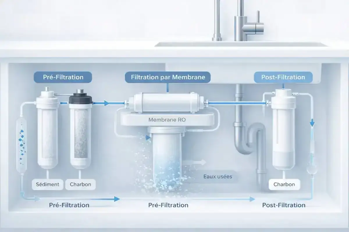 Sch&eacute;ma d'un syst&egrave;me de filtration d'eau : pr&eacute;-filtration, membrane RO, post-filtration. L'eau osmos&eacute;e, c'est quoi ? C'est de l'eau purifi&eacute;e.