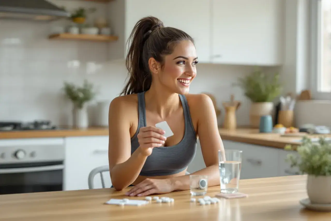L&auml;chelnde Frau h&auml;lt eine Tablette, daneben liegen weitere Pillen und ein Glas Wasser. Sie bereitet sich vor, Pantoprazol und Magnesium zusammen einzunehmen.