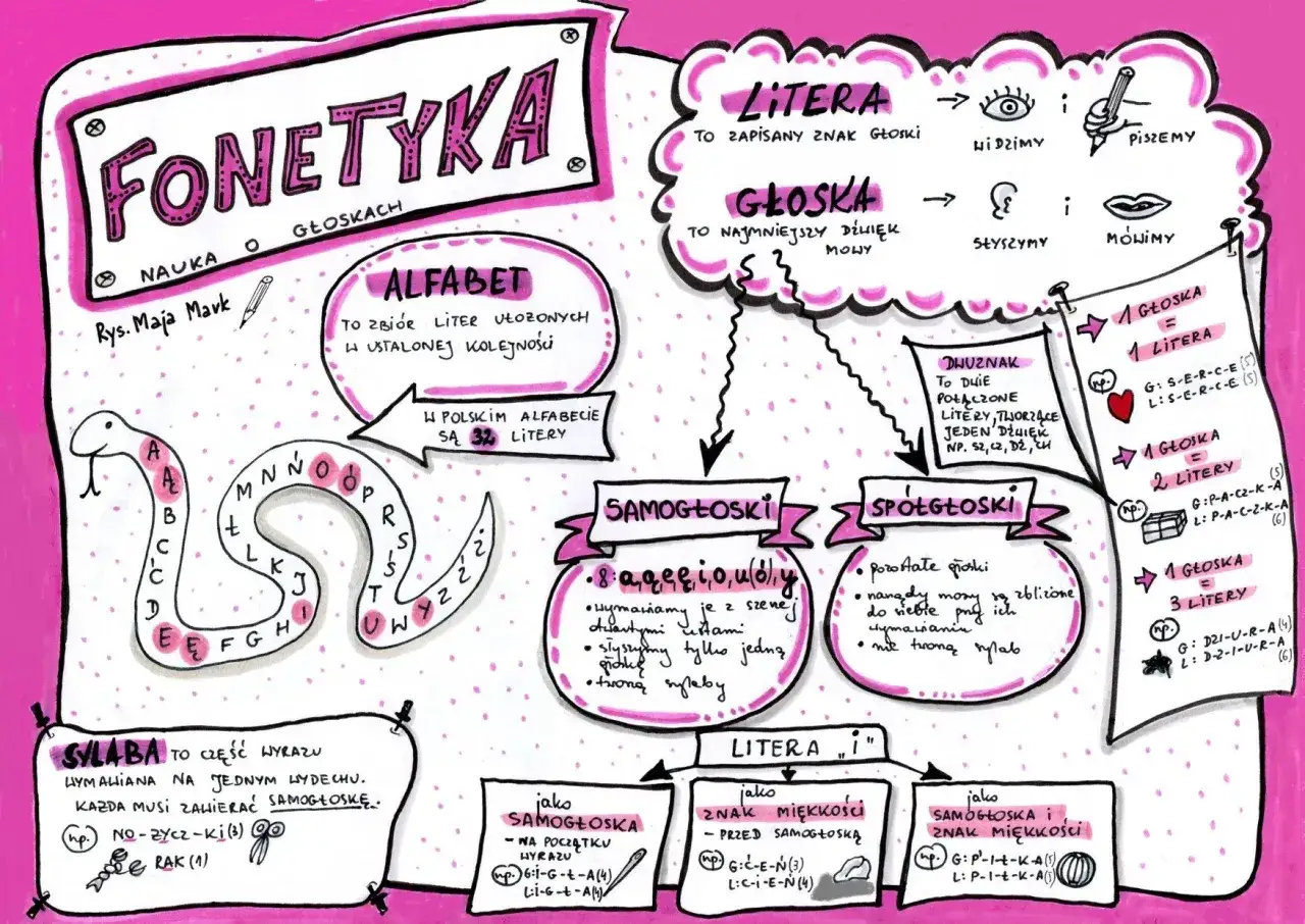 Mapa myśli o fonetyce, literach i głoskach. Językoznawstwo w pigułce, z przykładami i ilustracjami.