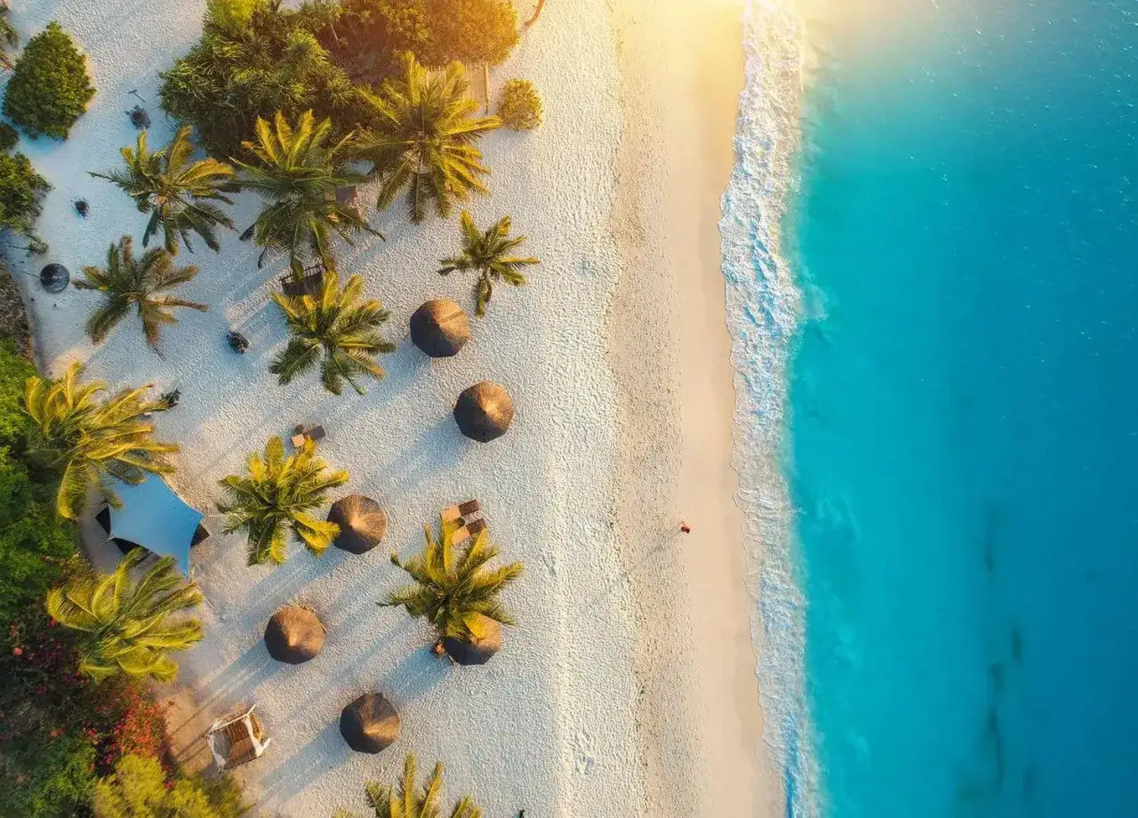 Rajska plaża z palmami i turkusową wodą. Idealne miejsce, by zastanowić się, kiedy najlepiej lecieć na Zanzibar.