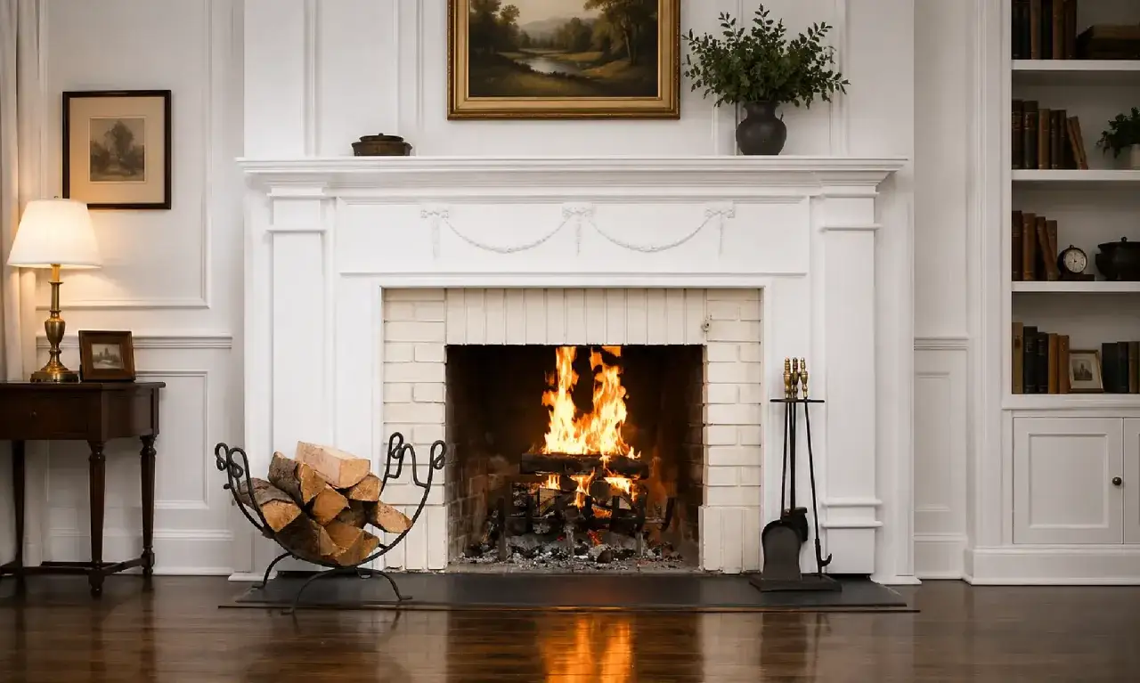 Cheminée avec feu crépitant, bois de chauffage prêt. Une belle idée pour remplacer vermiculite par fonte pour une ambiance chaleureuse.
