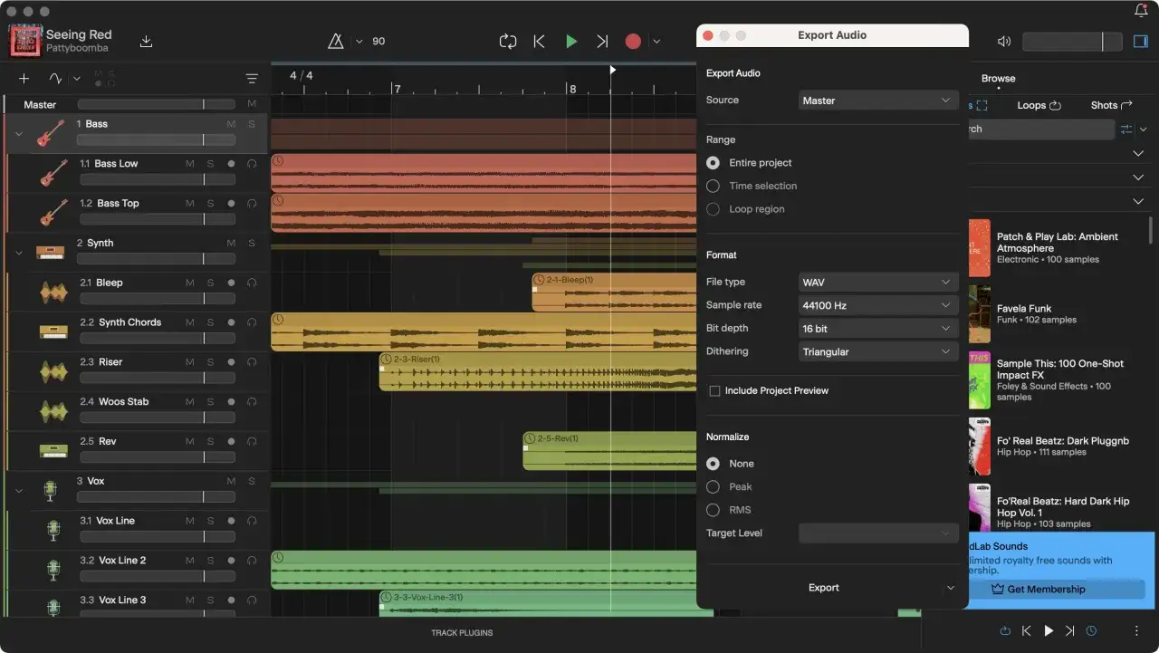 Interface d'exportation audio d'un logiciel de musique, idéal pour trouver le meilleur logiciel musique gratuit.