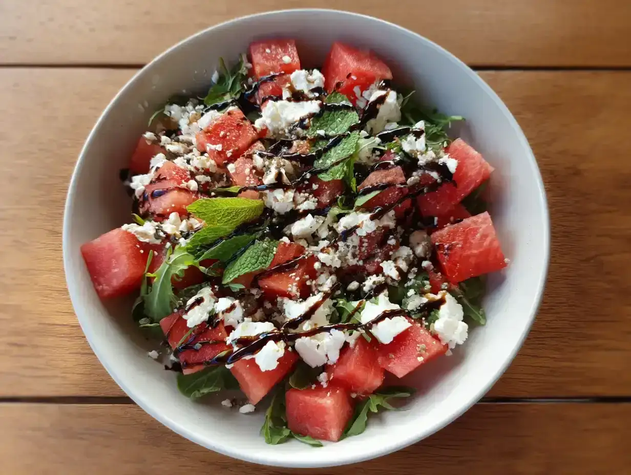 En uppfriskande sallad till grillat med vattenmelon, fetaost, ruccola och mynta, ringlad med balsamvinäger. Perfekt sommarens tillbehör!