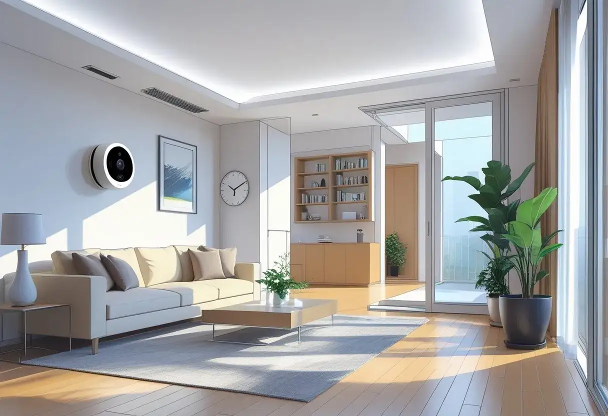 Cámara de seguridad blanca, redonda, montada en la pared, con un diseño moderno que se integra en la decoración. Excelentes **camuflaje ideas ocultar cámara** para un hogar elegante.