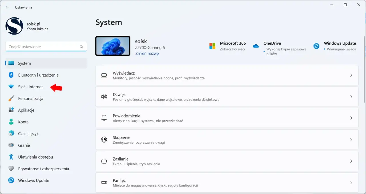 Ustawienia systemu Windows, sekcja Sieć i Internet, klucz zabezpieczeń sieciowych.