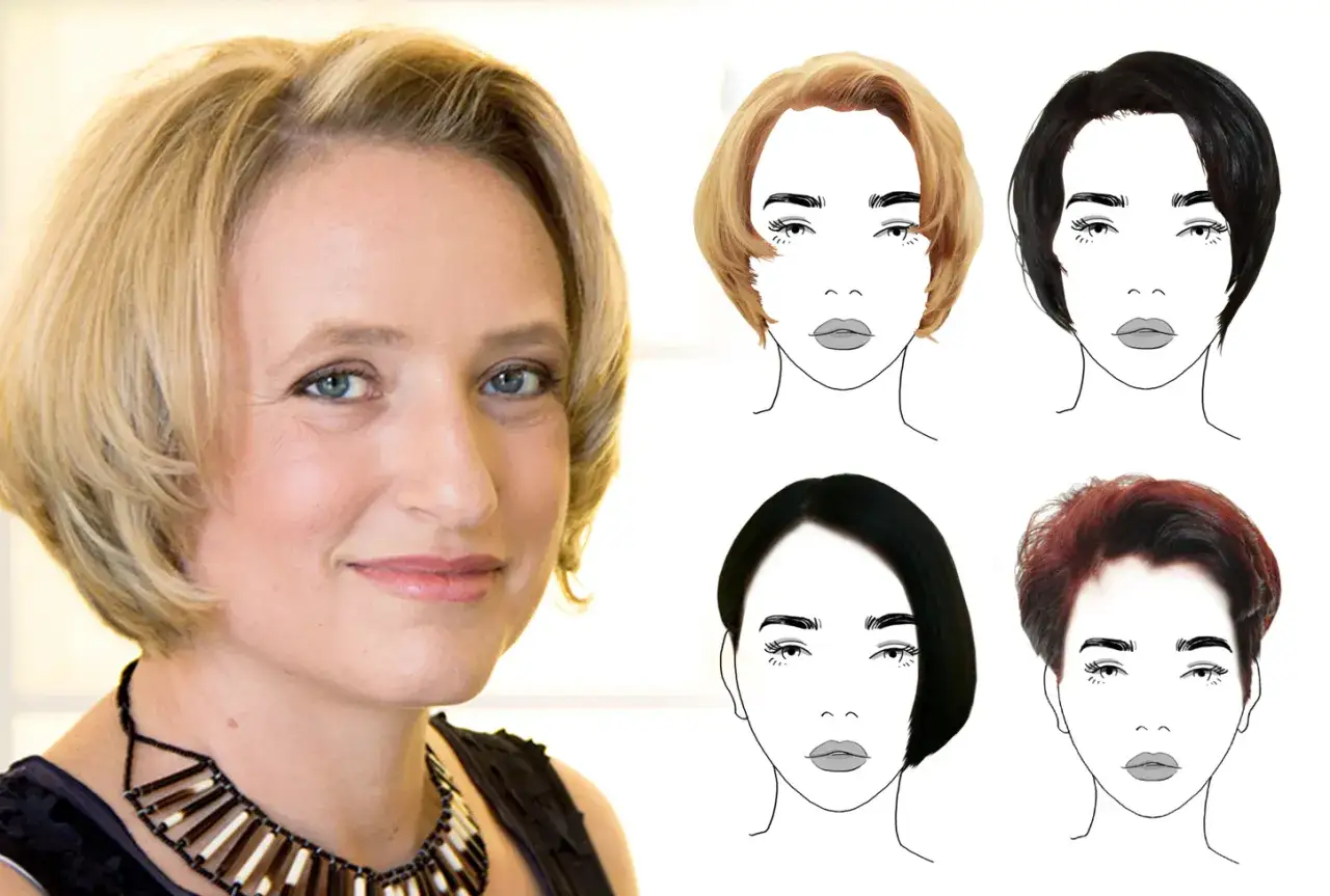 Vorher-Nachher-Vergleich: Frisuren für eckiges Gesicht. Frau mit blondem Bob und vier digitale Frisuren-Vorschläge.