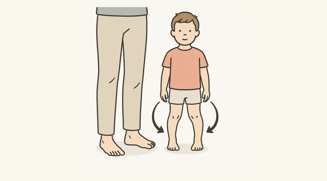Kind mit O-Beinen, ein m&ouml;gliches Symptom von Morbus Blount. Pfeile zeigen nach au&szlig;en gerichtete Knie.
