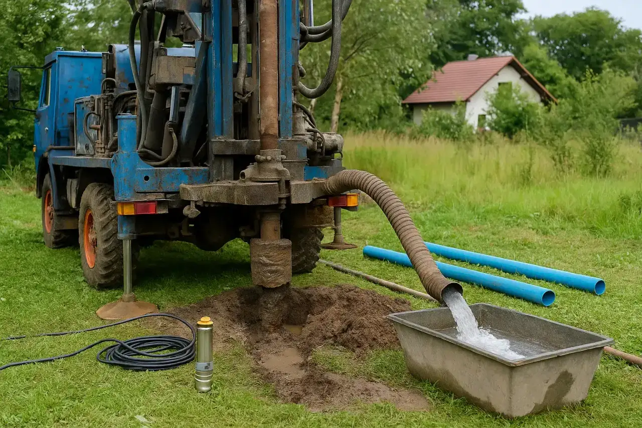 Trwa budowa studni głębinowej. Niebieska wiertnica pracuje, a woda płynie rurą do koryta.