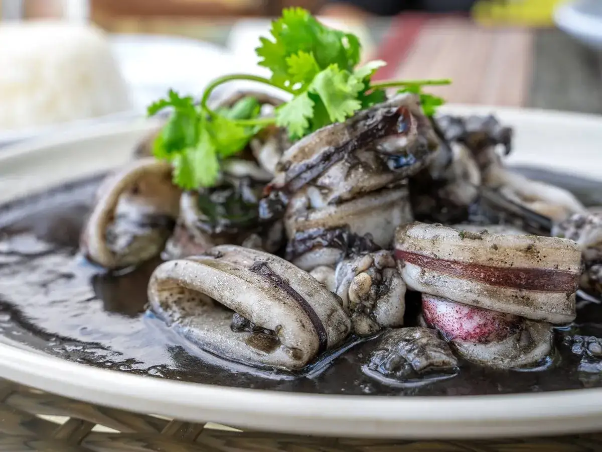 Calamares en su tinta, un plato que resalta las propiedades de la tinta de calamar, servido con cilantro fresco y arroz blanco.