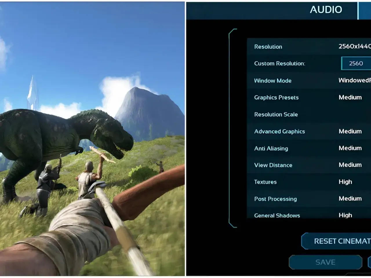 Dinozaur i gracze w Ark Survival Evolved. Obok ustawienia grafiki, pokazujące potencjalne ark survival evolved wymagania.