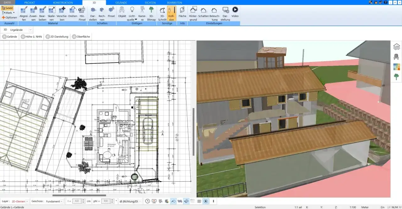 Planung eines Hauses mit Kelleranbau. 2D-Grundriss und 3D-Ansicht zeigen die Struktur und den geplanten Keller.