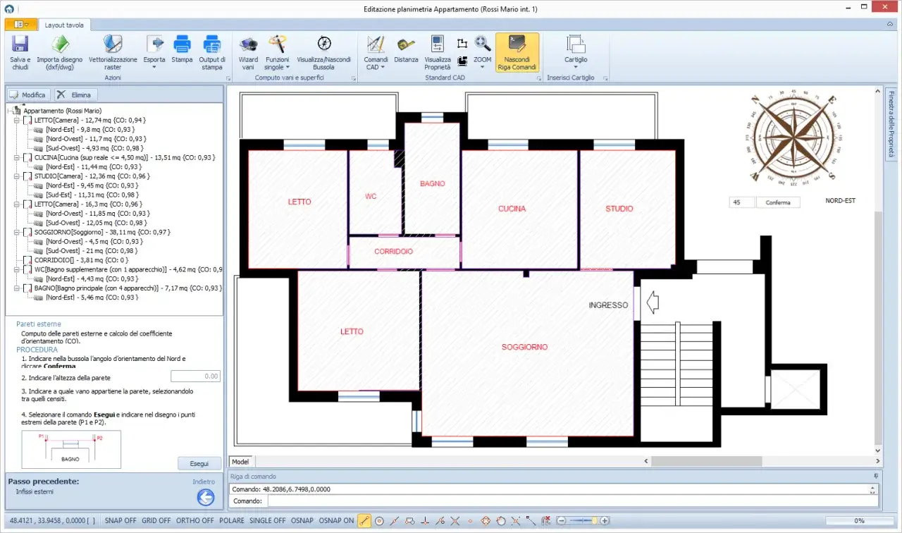Software per la planimetria di un appartamento, con elenco dettagliato di vani e superfici, inclusi i millesimi condominiali.