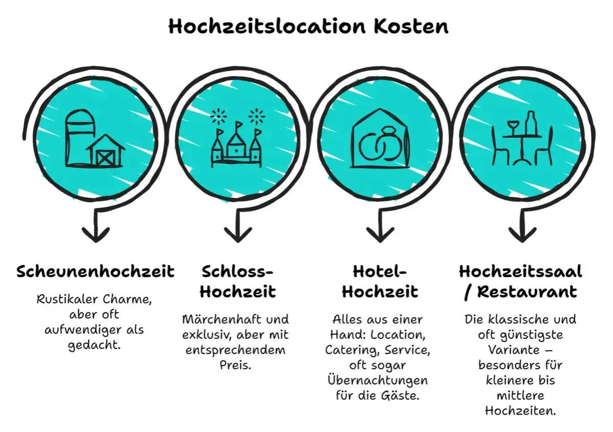 Vergleich von Hochzeitslocation Kosten: Scheune (rustikal), Schloss (märchenhaft), Hotel (all-inclusive) und Hochzeitssaal (klassisch/günstig).
