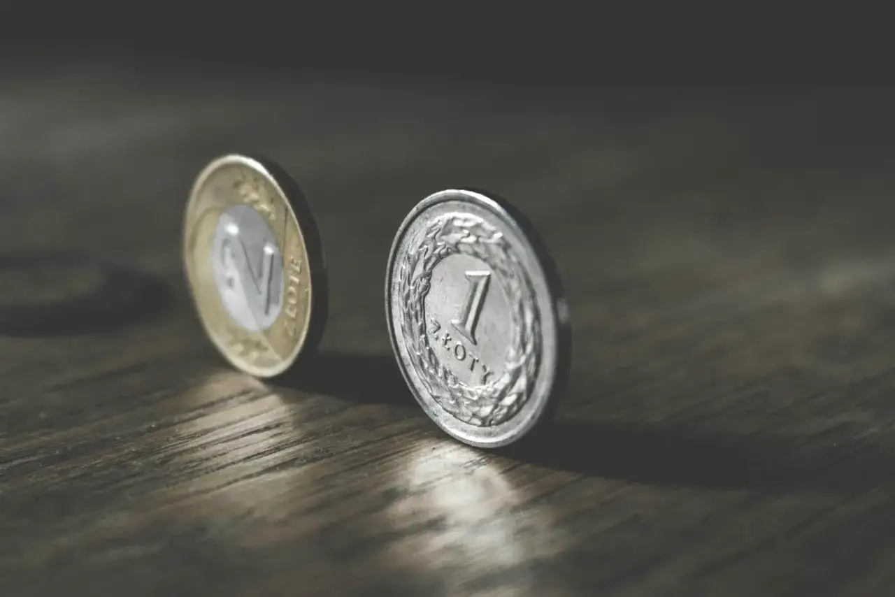 Dwie polskie monety, 1 złoty i 2 złote, leżą na drewnianym blacie. Mogą symbolizować oszczędności na subkonto ZUS.