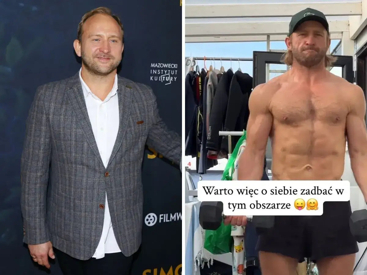 Borys Szyc w eleganckim garniturze i w formie na siłowni. Jego filmy inspirują do dbania o siebie.