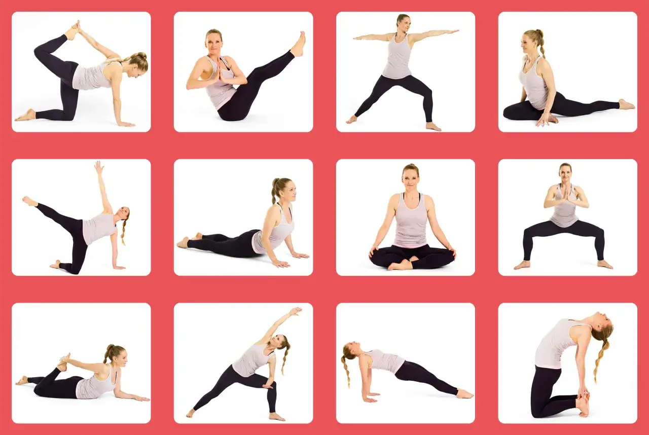 En kvinna utför olika yogaövningar som en del av ett yoga program.