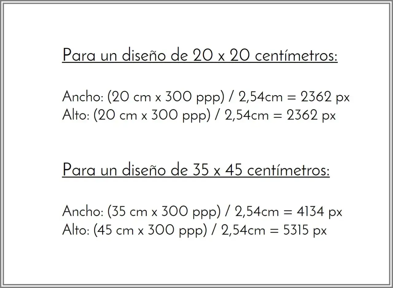 C&aacute;lculos para resoluciones de im&aacute;genes: 20x20 cm (2362x2362 px) y 35x45 cm (4134x5315 px).