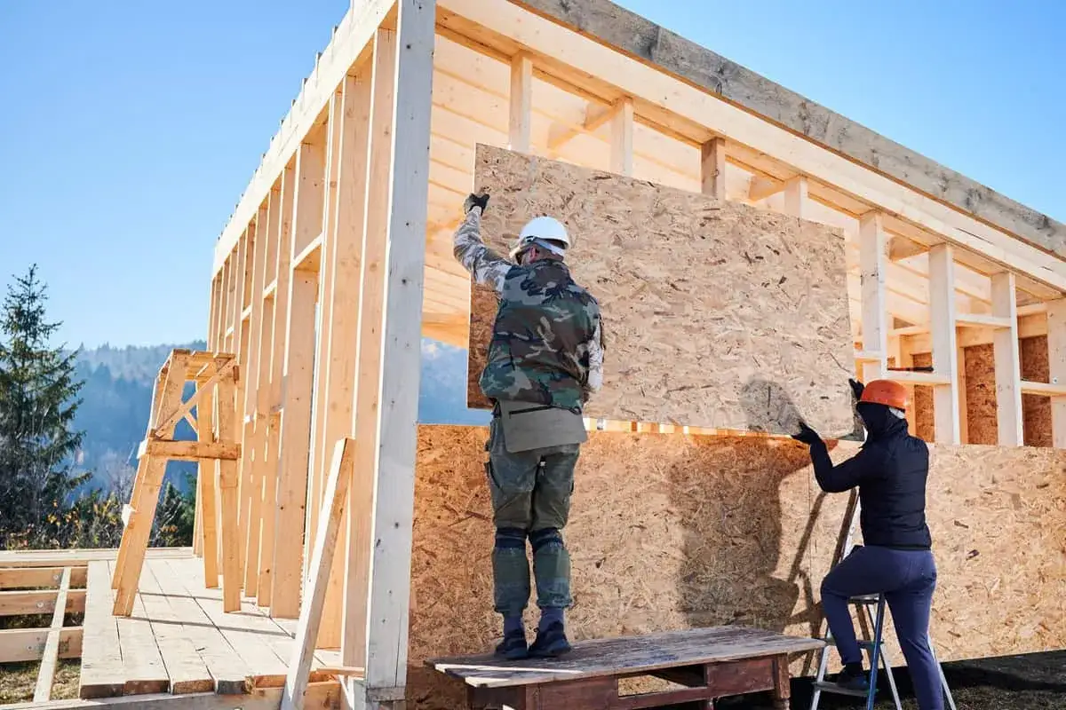 Deux ouvriers installent des panneaux de classe OSB sur la structure en bois d'une maison en construction.
