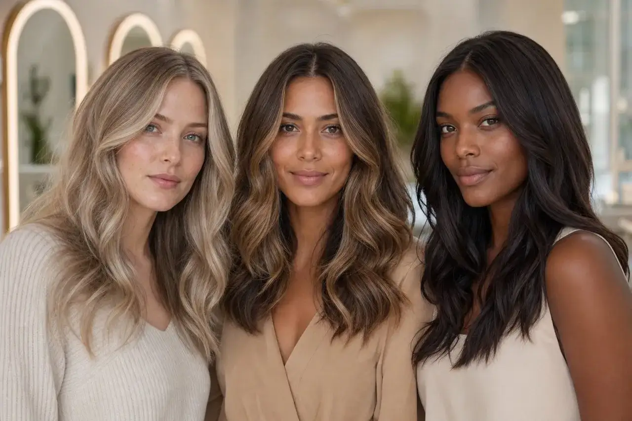 Drei Frauen mit unterschiedlichen Haarfarben: Blond, Braun und Schwarz. Inspiration, welche haarfarbe passt zu mir.
