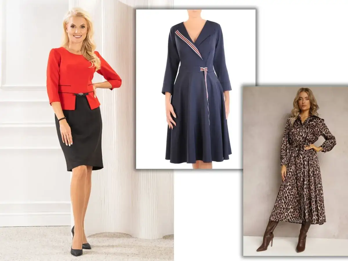 Eleganckie stylizacje dla kobiet po 60. - czerwona marynarka i czarna spódnica, granatowa sukienka, panterkowa sukienka.