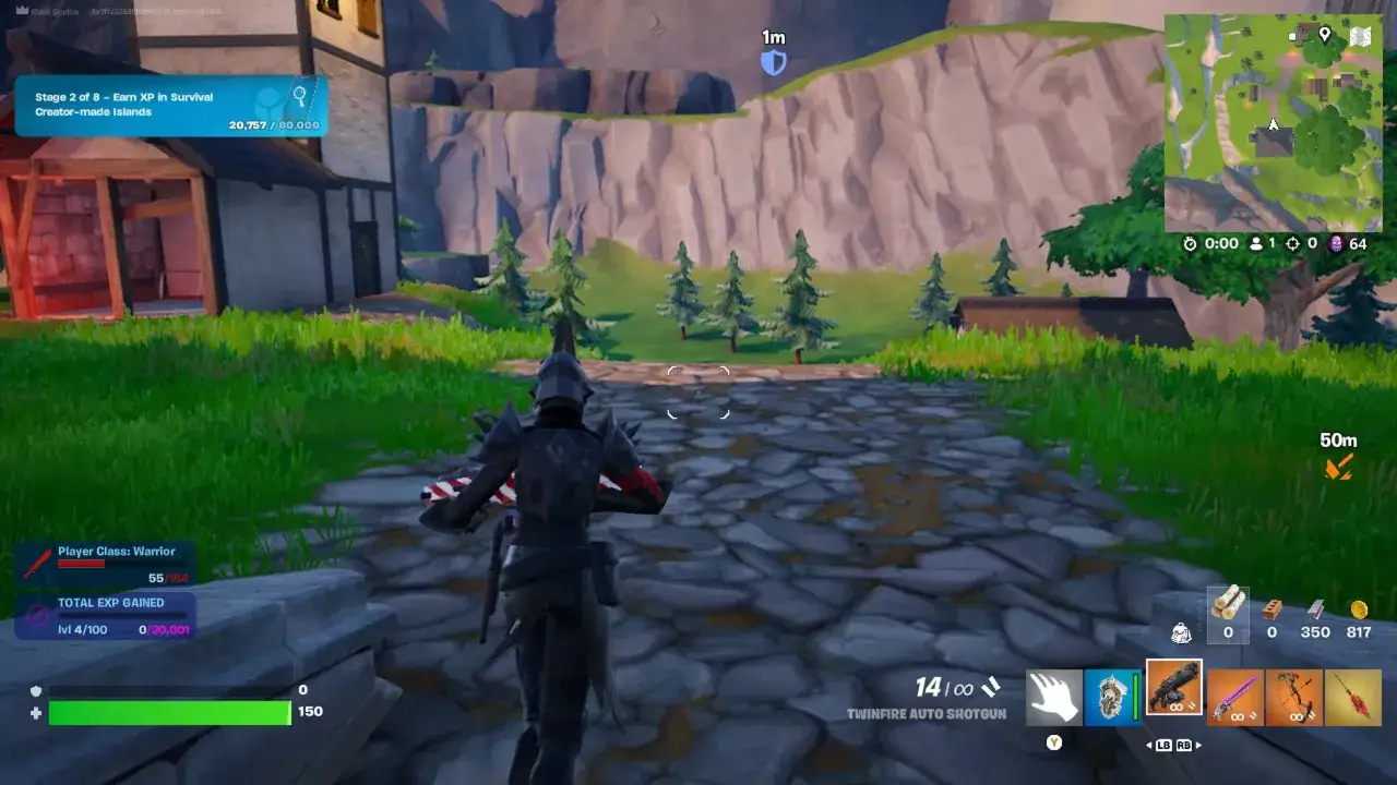 Gracz w zbroi rycerza w grze Fortnite, przygotowuje się do walki w stylu RPG.
