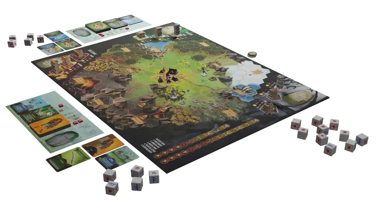 Fantasy Brettspiele: Ein Hexfeld-Spielbrett mit Figuren, Würfeln und Karten. Ein episches Abenteuer wartet!