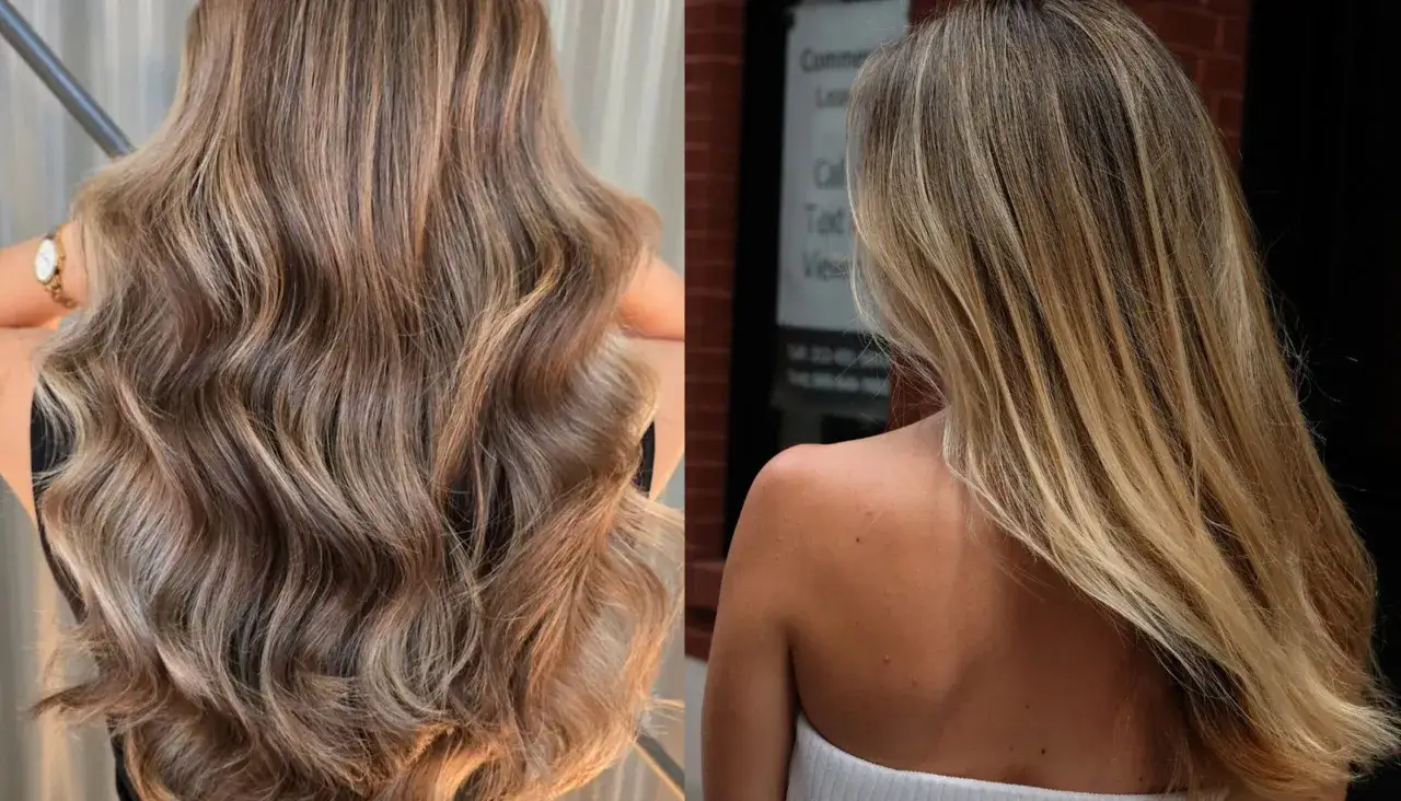 Cabello castaño con reflejos rubios, con ondas suaves y un toque sun kissed.