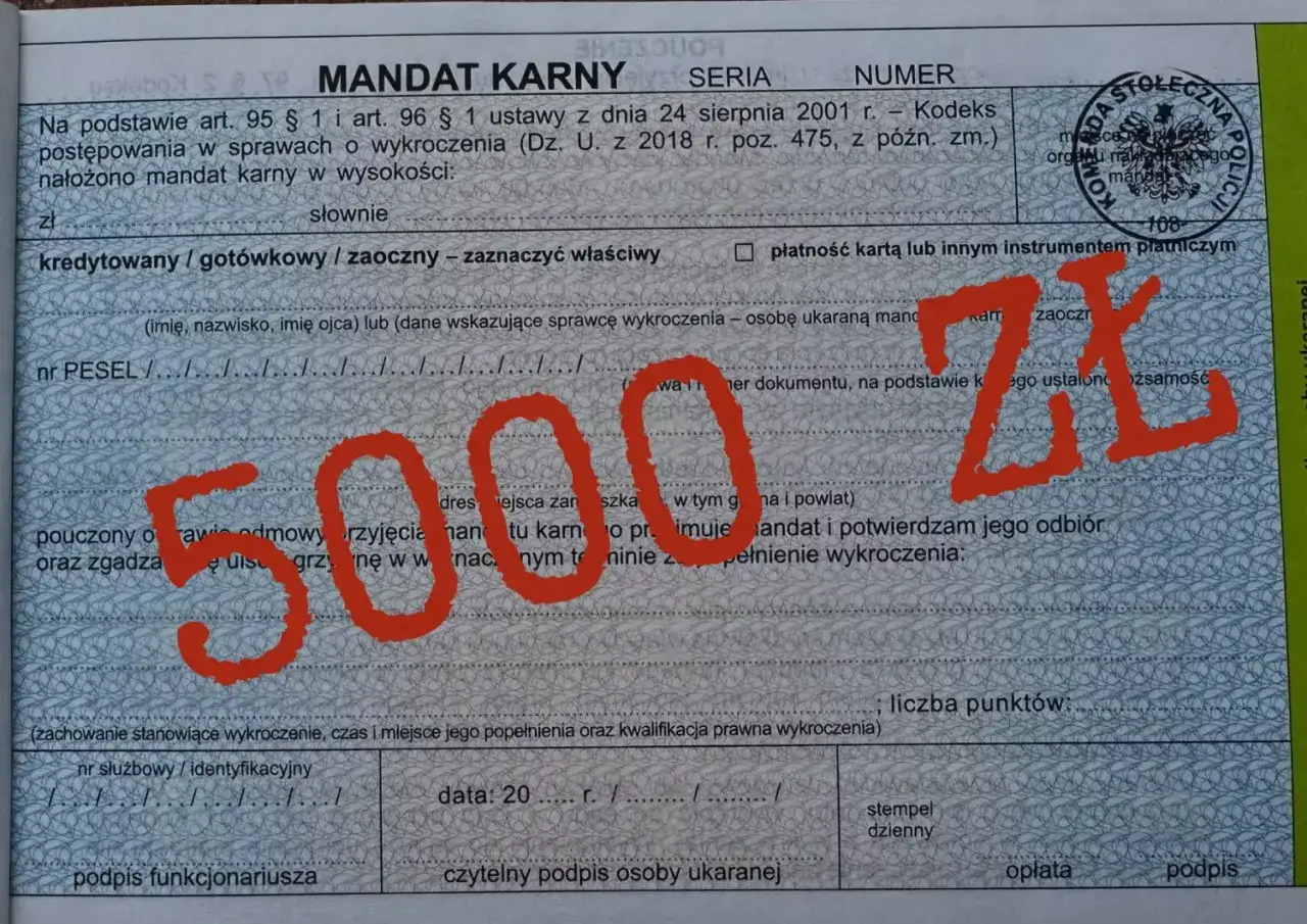 Mandat karny na 5000 zł za przekroczenie prędkości o 30 km/h.
