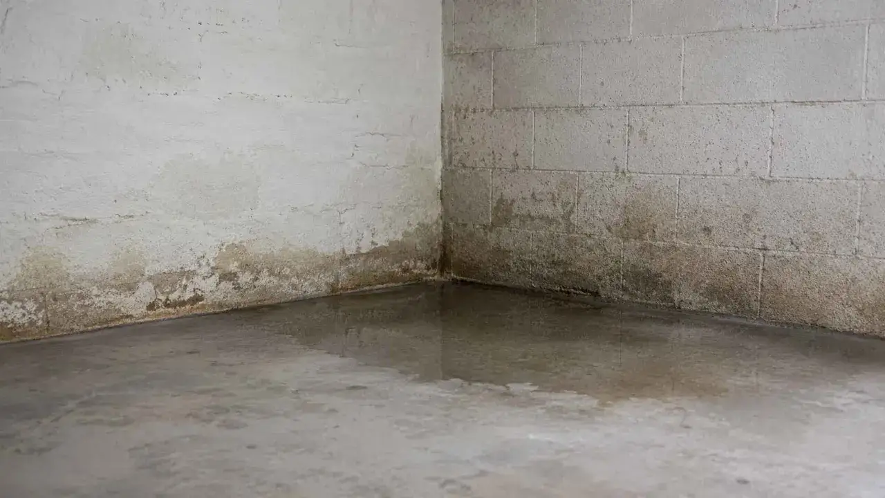 Woda w piwnicy starego domu tworzy kałużę na betonowej podłodze. Wilgoć widać na ścianach z bloczków i tynku.