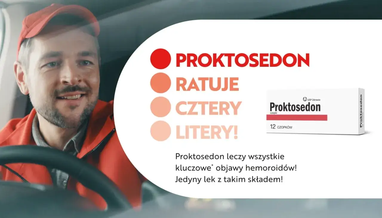 Proktosedon czopki ratuje cztery litery! Uśmiechnięty mężczyzna w czerwonej czapce i kurtce, obok pudełko leku.