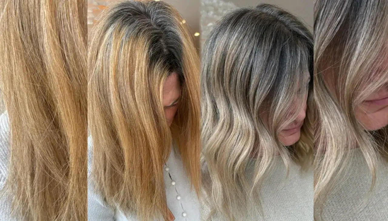 Vorher-Nachher-Vergleich einer Balayage grau. Blondes Haar wird mit grauen und blonden Str&auml;hnen aufgehellt.