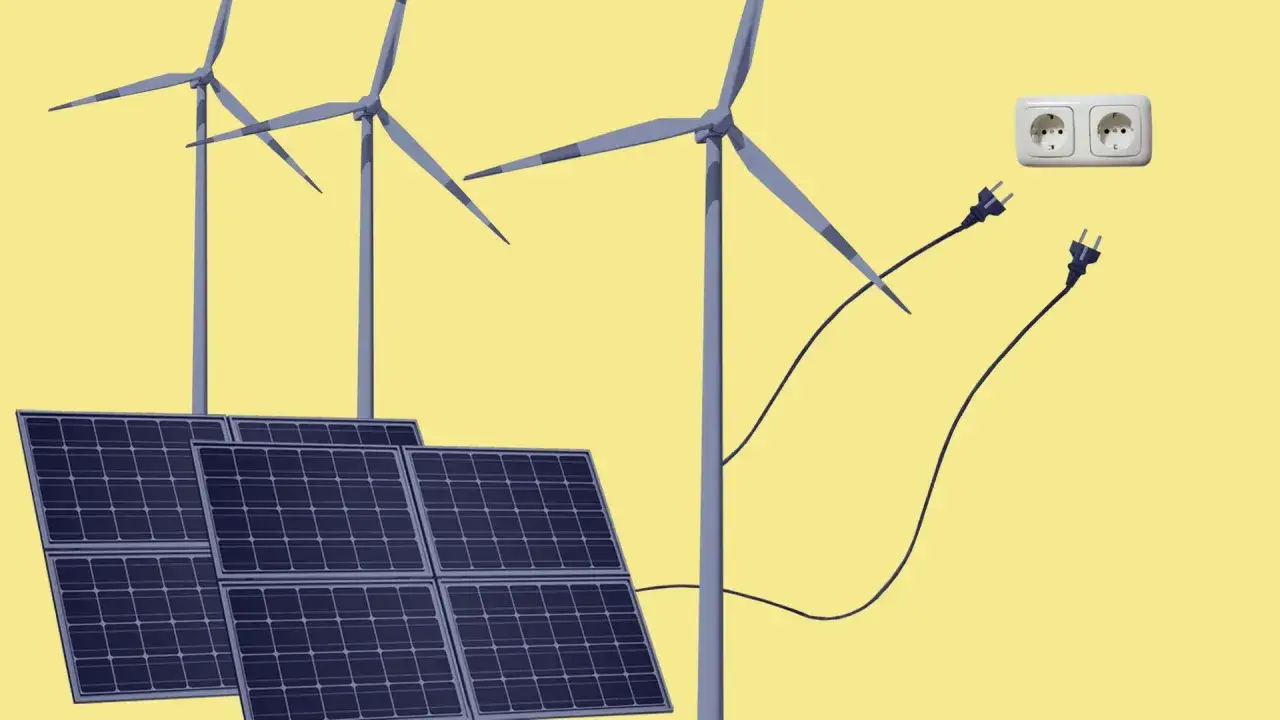 Erneuerbare Energien: Windräder und Solarpaneele speisen Strom in eine Steckdose ein, symbolisch für die **red 3 richtlinie** zur Energiewende.