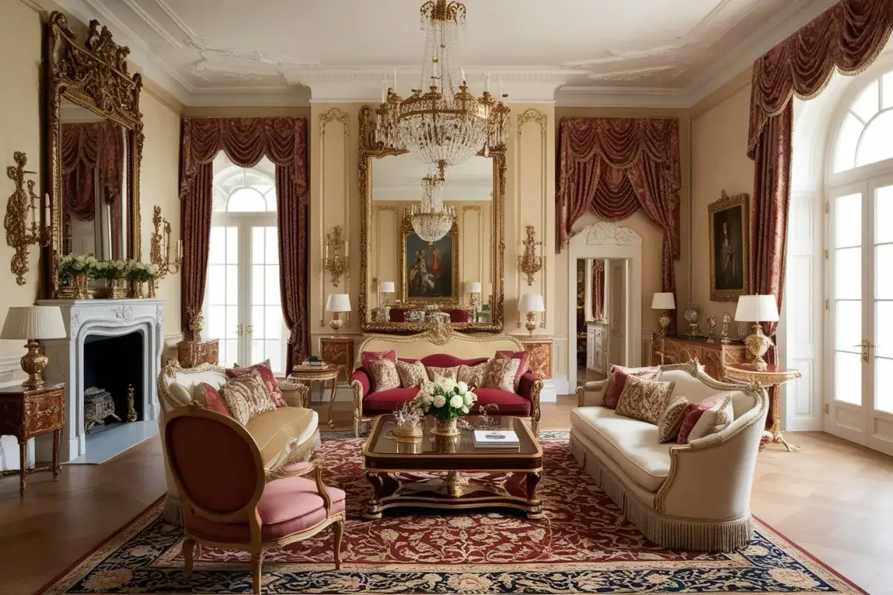 A luxurious living room with a grand chandelier, ornate mirrors, and plush seating, embodying a true royal core aesthetic.