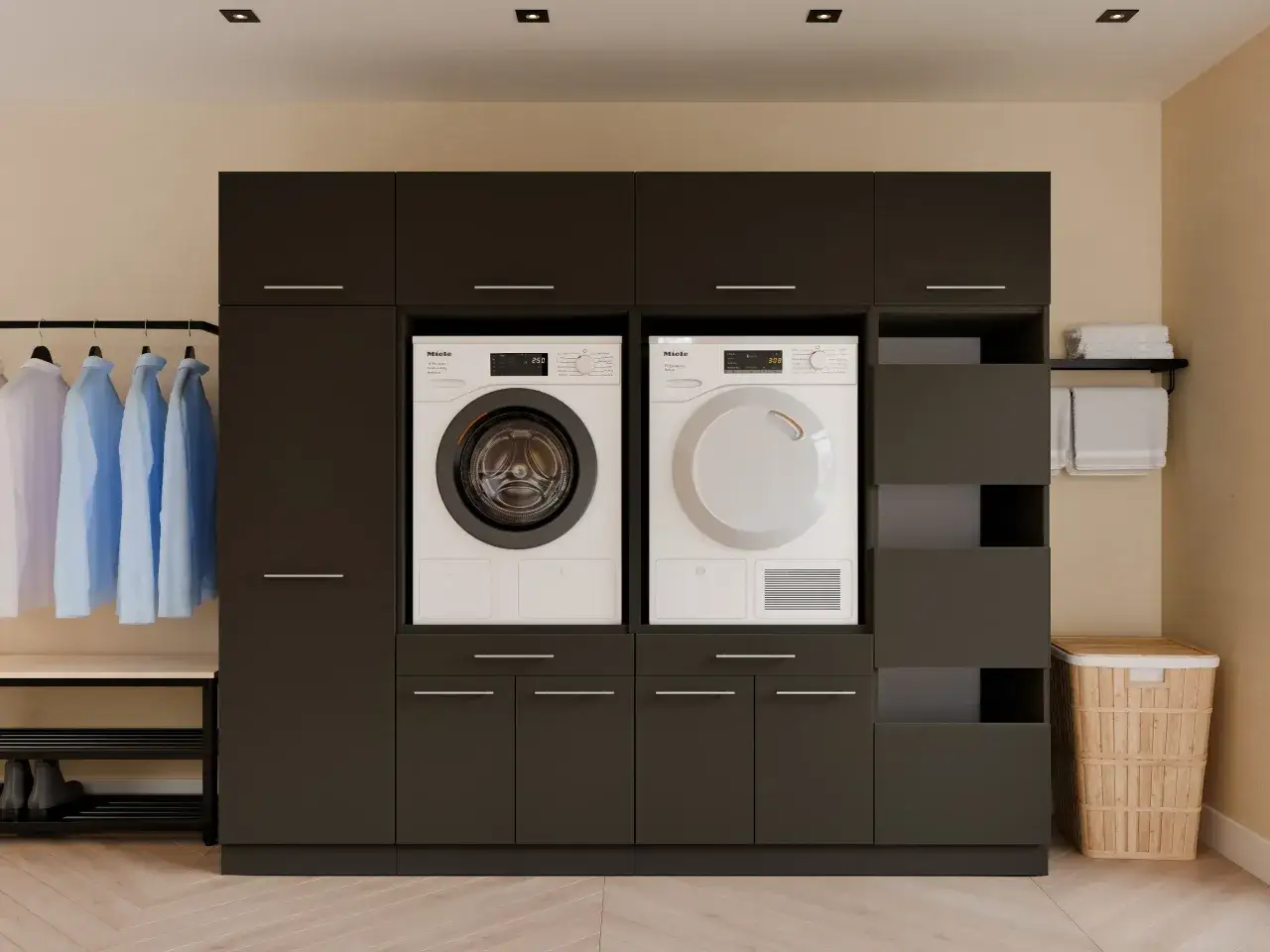 Moderne wasruimte met Miele wasmachine en droger, donkere kasten en een kledingrek. Praktische wasruimte ideeen voor een opgeruimd huis.