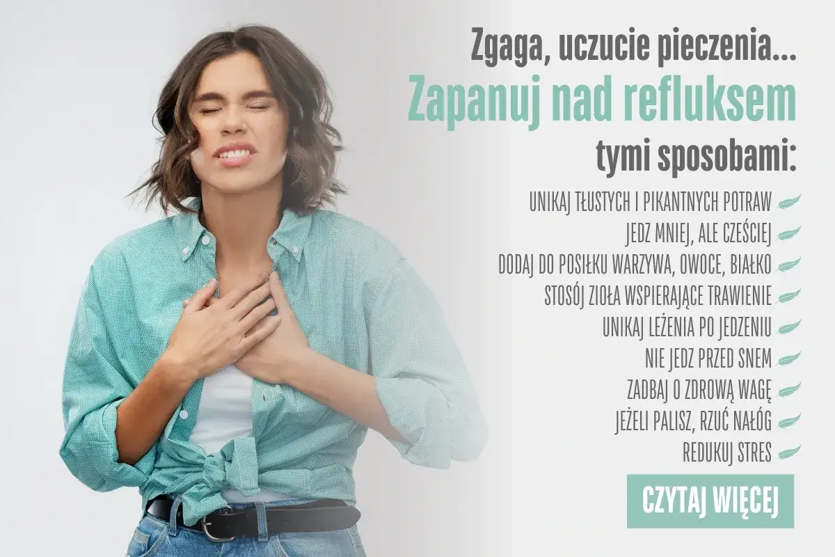 Kobieta z rękami na klatce piersiowej, cierpiąca na zgagę. Dowiedz się, co jest dobre na zgagę i jak zapanować nad refluksem.