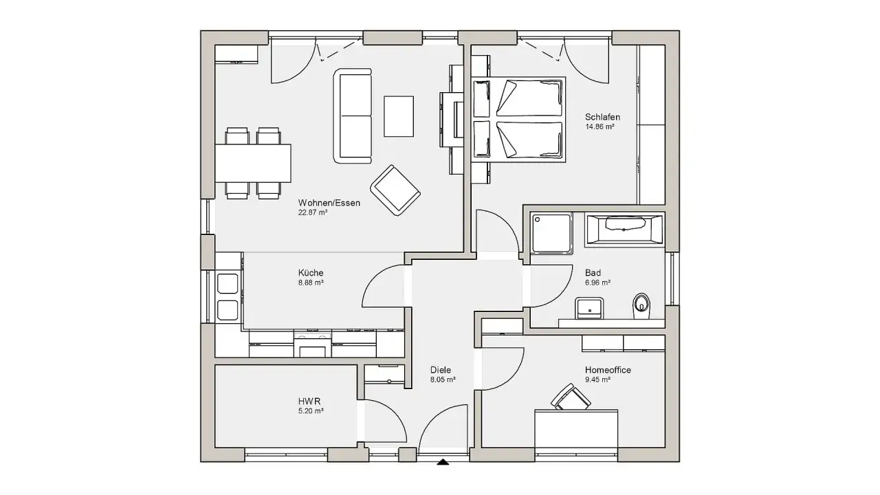 Grundriss eines modernen Traumhauses mit Wohn-/Essbereich, K&uuml;che, Schlafzimmer, Bad, Homeoffice und HWR.