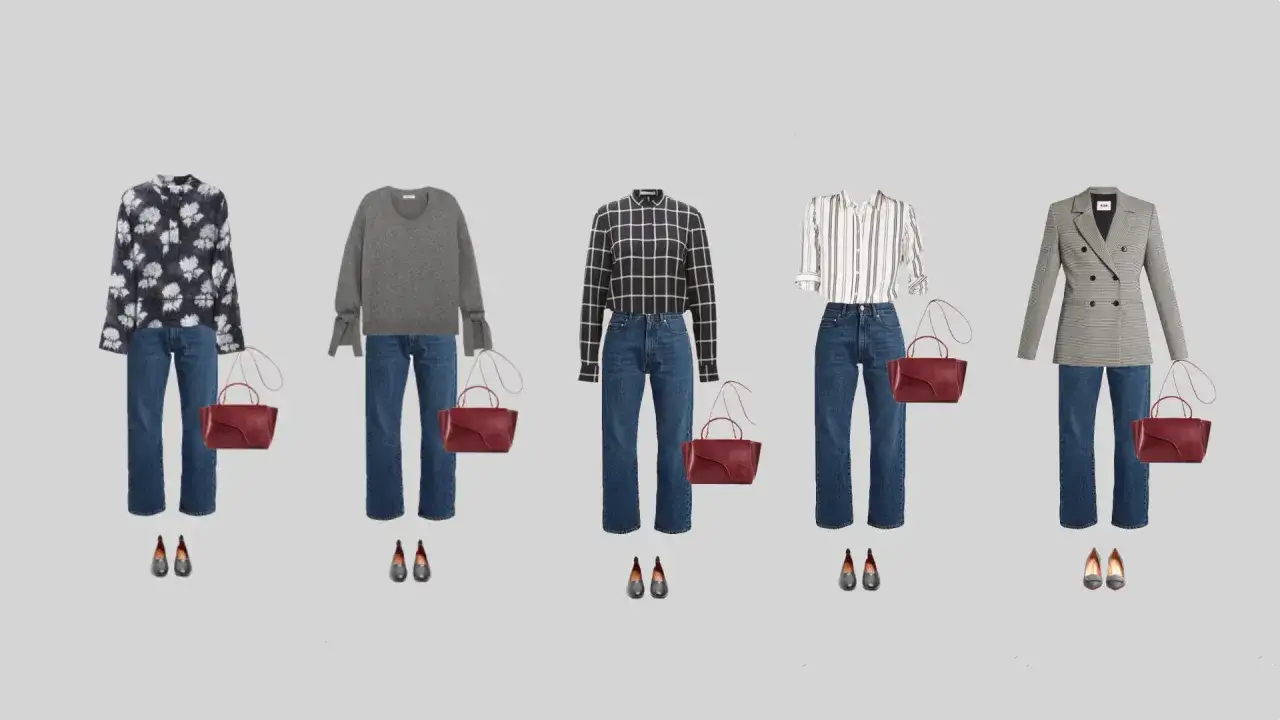 F&uuml;nf Outfits f&uuml;r einen l&auml;ssigen Business-Look f&uuml;r Damen: Jeans mit Bluse, Pullover, kariertem Hemd, gestreiftem Hemd oder Blazer. Dazu passende Handtaschen und Schuhe.