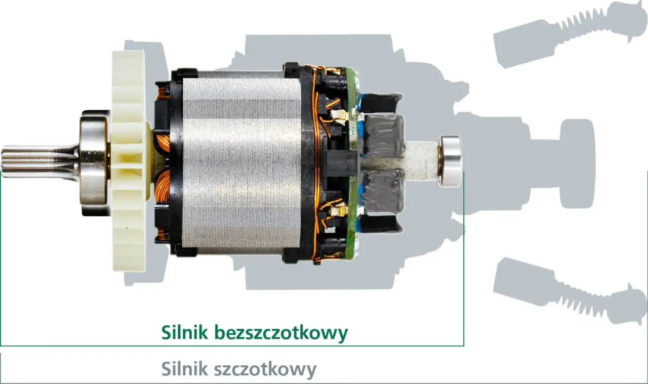 Silnik bezszczotkowy, kluczowy element narzędzi na akumulator, z wentylatorem i wałem.