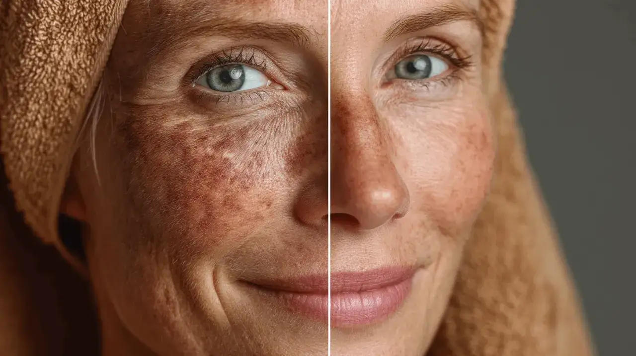 Comparación de piel: antes y después del tratamiento para **manchas en la cara**. La imagen muestra una piel con manchas y rojeces, y luego una piel más uniforme y luminosa.