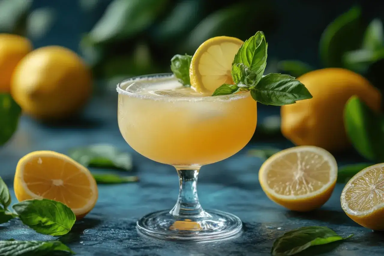 Orzeźwiający drink z Jack Daniels, cytryną i miętą, otoczony świeżymi cytrynami i liśćmi.