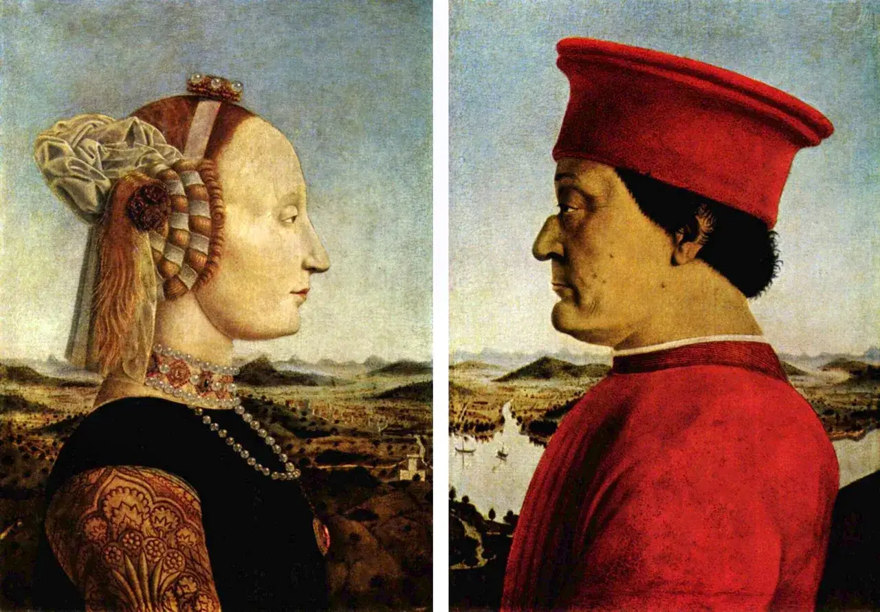 Portret pary z profilu, dzieło Piero della Francesca. Kobieta w ozdobnej czepku i biżuterii, mężczyzna w czerwonym nakryciu głowy.