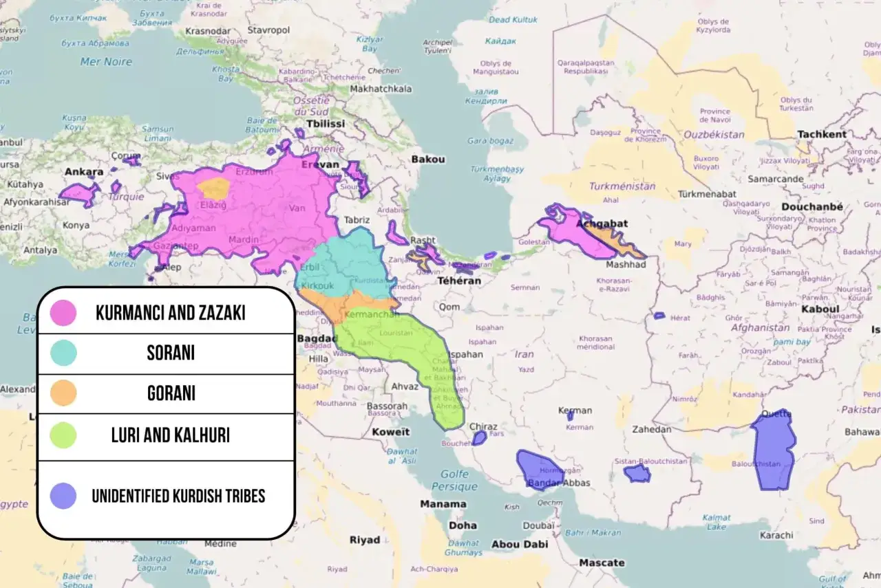 Karta visar kurdiska språkens utbredning. Kurmanji och zazaki talas i lila områden, sorani i turkost, gorani i orange och luri/kalhuri i ljusgrönt.