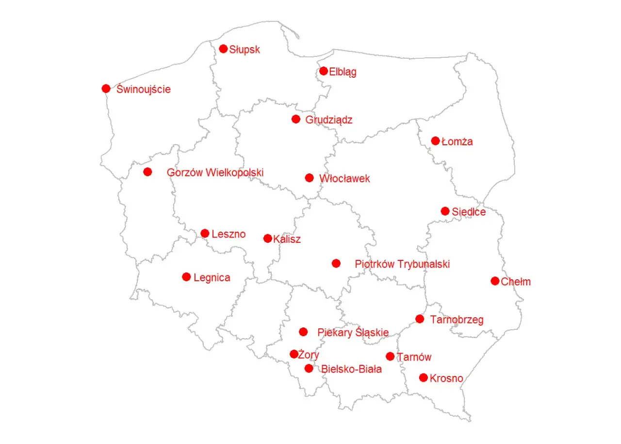 Mapa Polski z zaznaczonymi najdroższymi miastami
