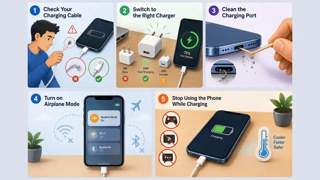 Sprawdź kabel, ładowarkę i port, wyłącz Wi-Fi/Bluetooth lub włącz tryb samolotowy, nie używaj telefonu podczas ładowania – to pomoże rozwiązać problem, dlaczego telefon wolno się ładuje.