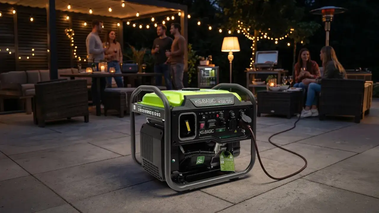 Ein 5 kW Generator sorgt für Strom bei einer Gartenparty. Freunde genießen den Abend unter Lichterketten.